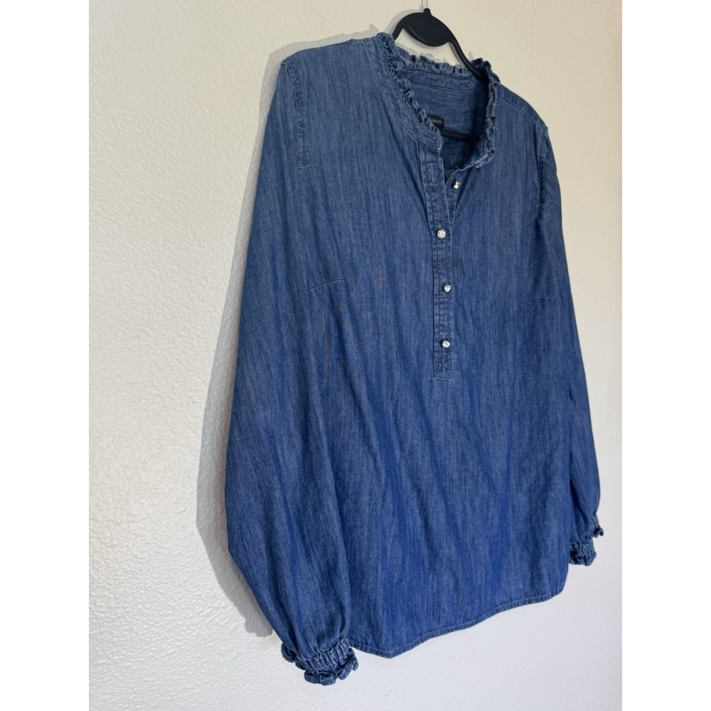 Talbots Womens L Denim Chambray Top Ruffle Neck Henley Blouse Long Sleeve - Picture 3 of 8